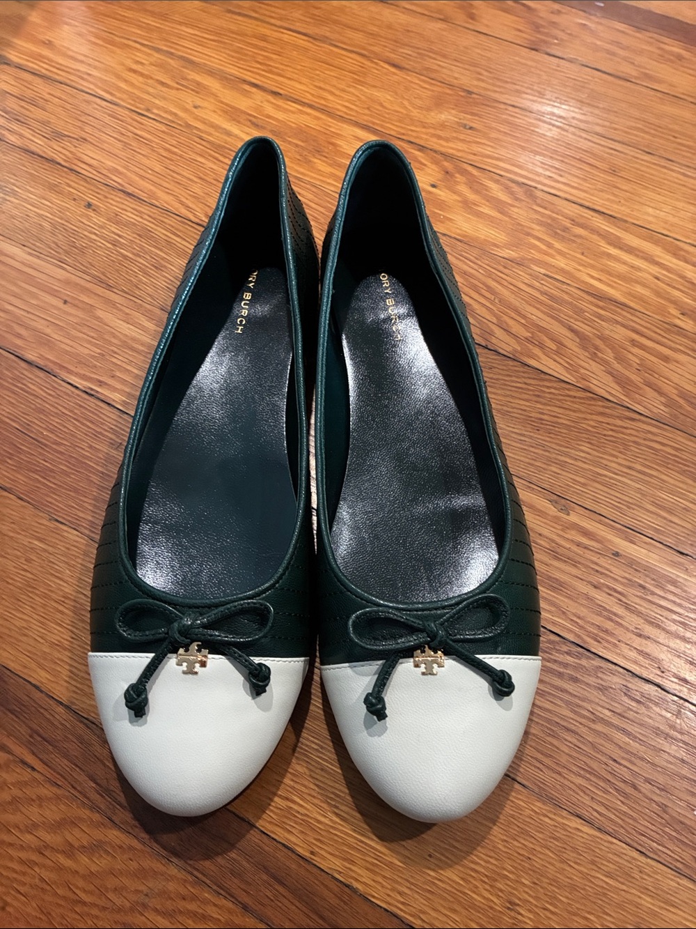 Tory Burch Dark Green and White Cap-Toe Ballet Flats